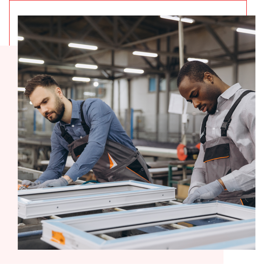Workers assembling frames in a factory setting.